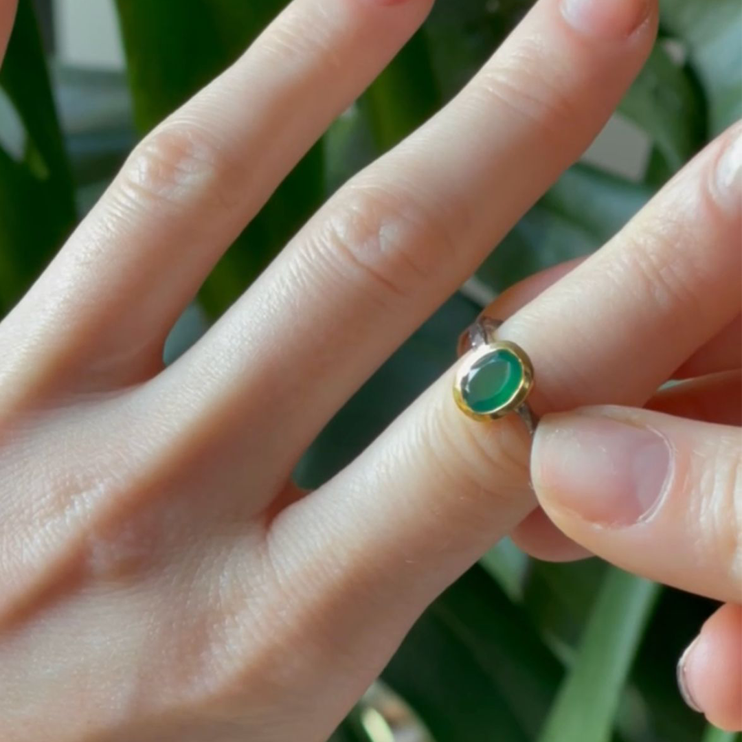 Black Rhodium and 14K Gold Plated On Solid 925 Sterling Silver Ring Natural Jade