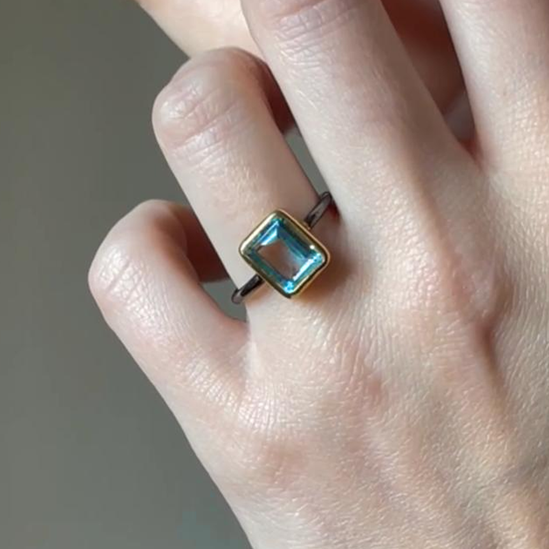 Black Rhodium and 14K Gold Plated On Solid 925 Sterling Silver Ring Blue Topaz