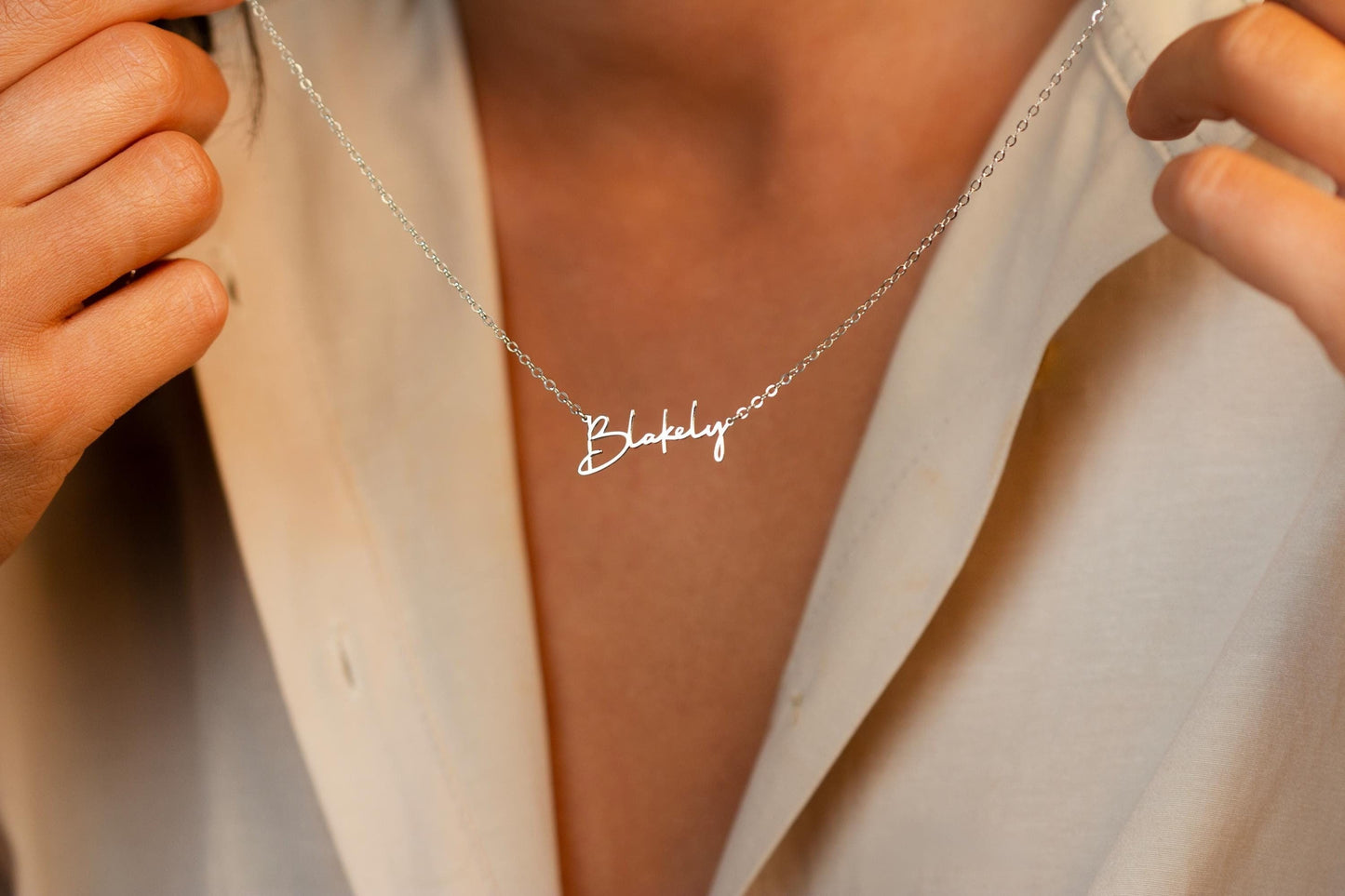 Sterling Silver Personalised Handwriting Style Name Necklace | Minimalist Gold Name Necklace With Rope Chain | Perfect gift For Her