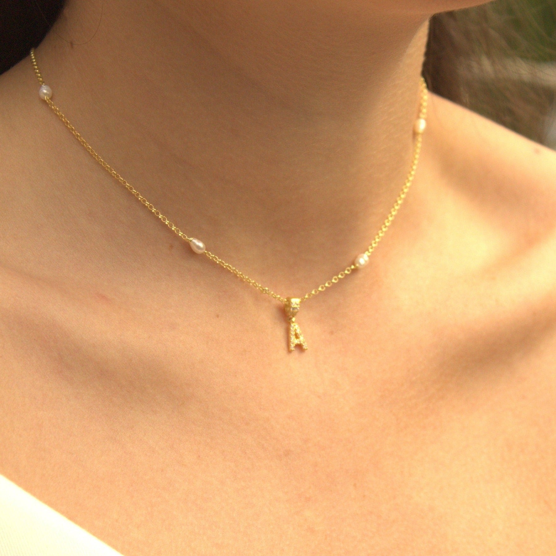 Gold Pearl initial Necklace | Fresh Pearl Necklace | Dainty Pearl Necklace|Layering Necklace | Personalized Initial Necklace| Valentines Day