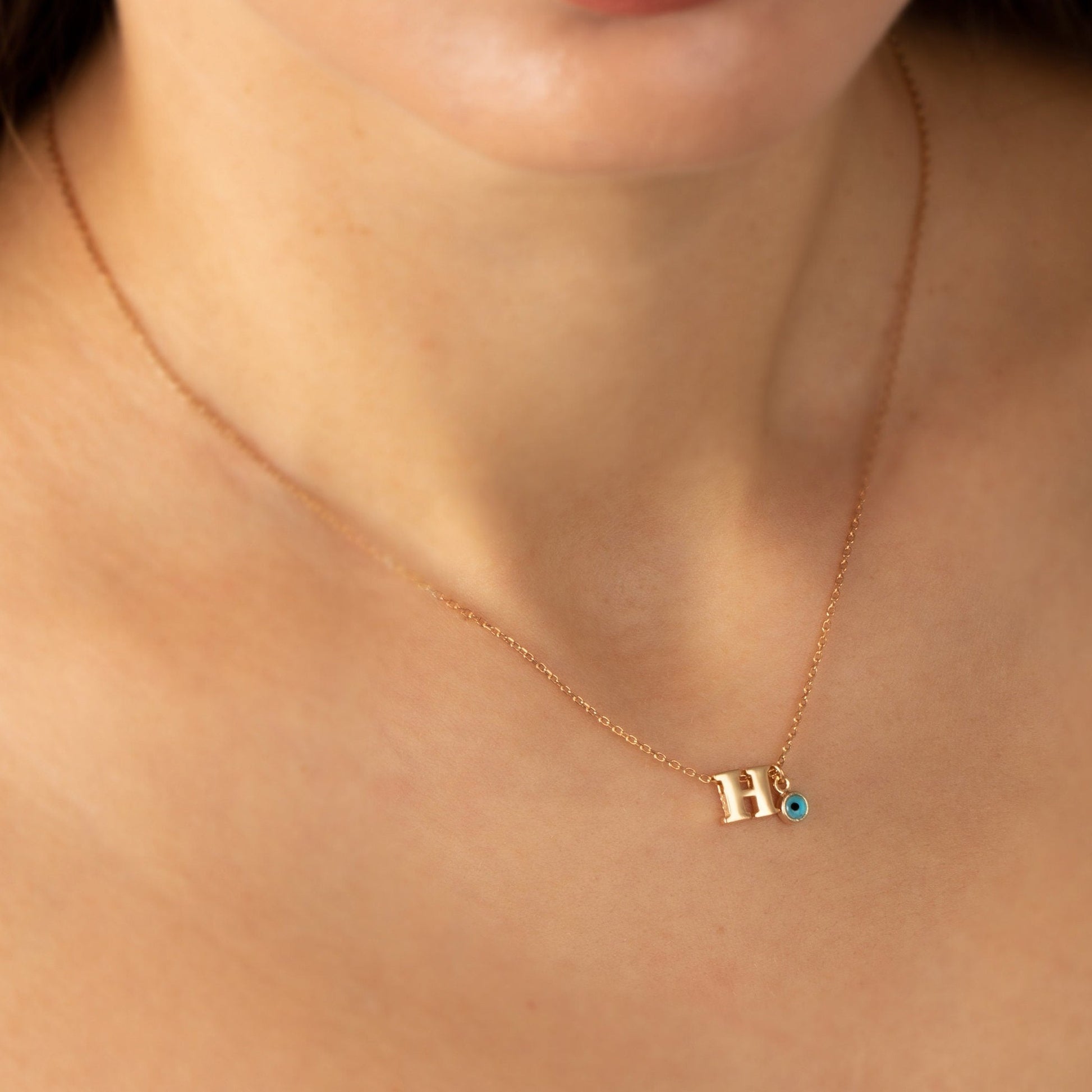 Customize Silver Birthstone initial Necklace | Initial Birthstone Necklace | Initial Necklace With Evil Eye | Personalized Dainty Necklace |