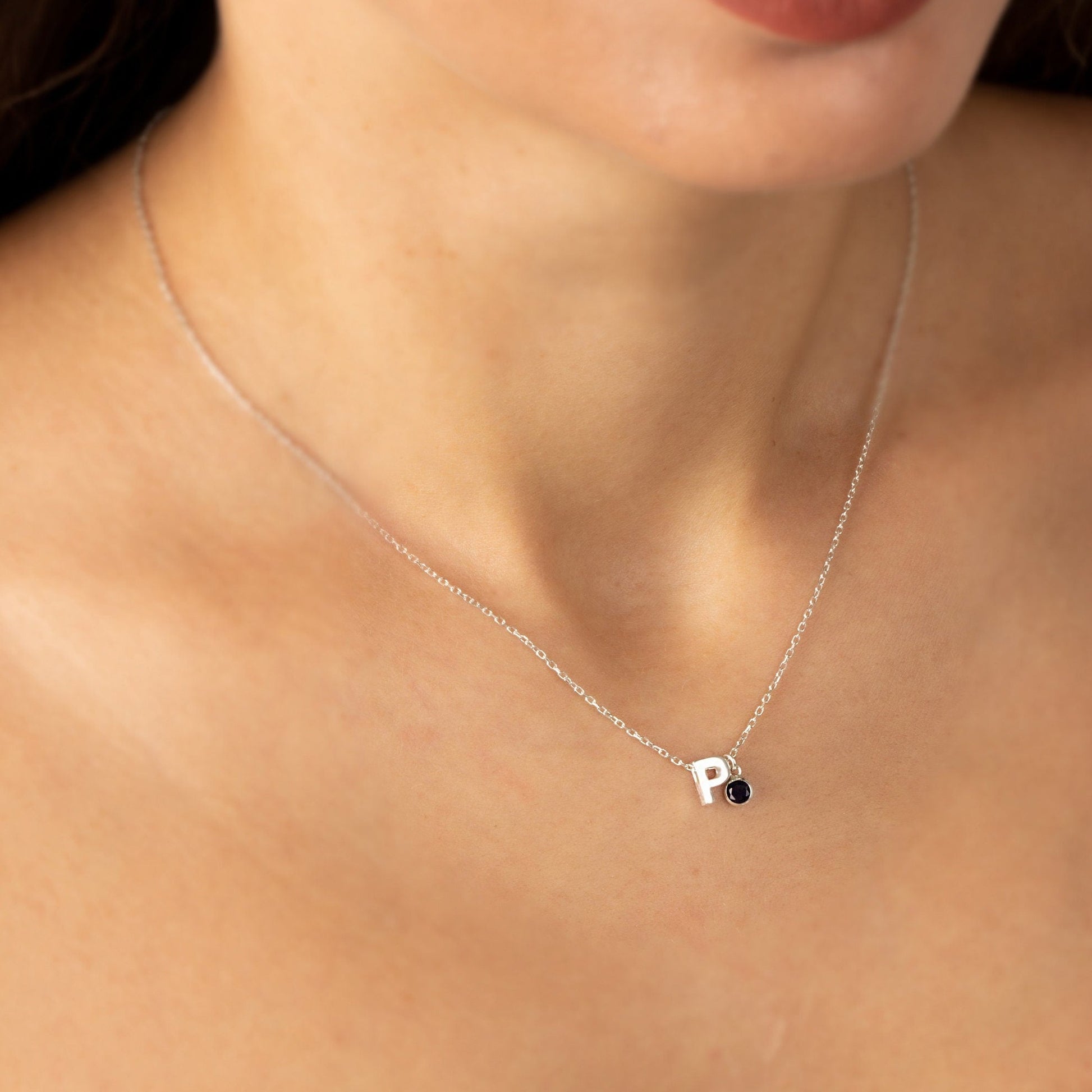 Customize Silver Birthstone initial Necklace | Initial Birthstone Necklace | Initial Necklace With Evil Eye | Personalized Dainty Necklace |
