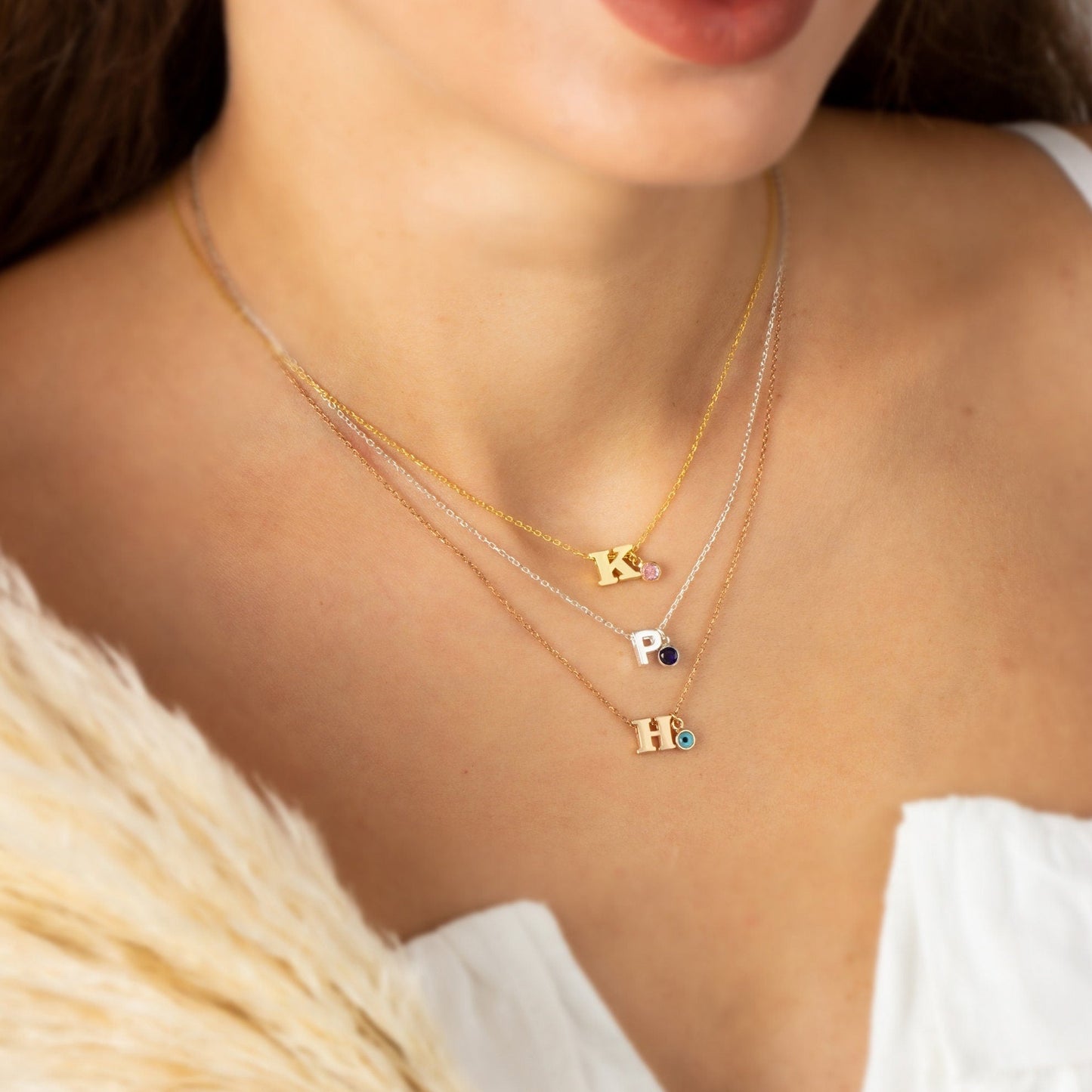Customize Silver Birthstone initial Necklace | Initial Birthstone Necklace | Initial Necklace With Evil Eye | Personalized Dainty Necklace |