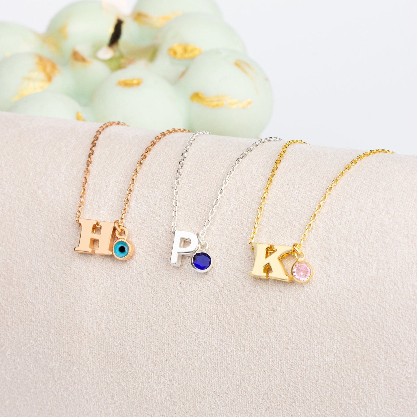 Customize Silver Birthstone initial Necklace | Initial Birthstone Necklace | Initial Necklace With Evil Eye | Personalized Dainty Necklace |
