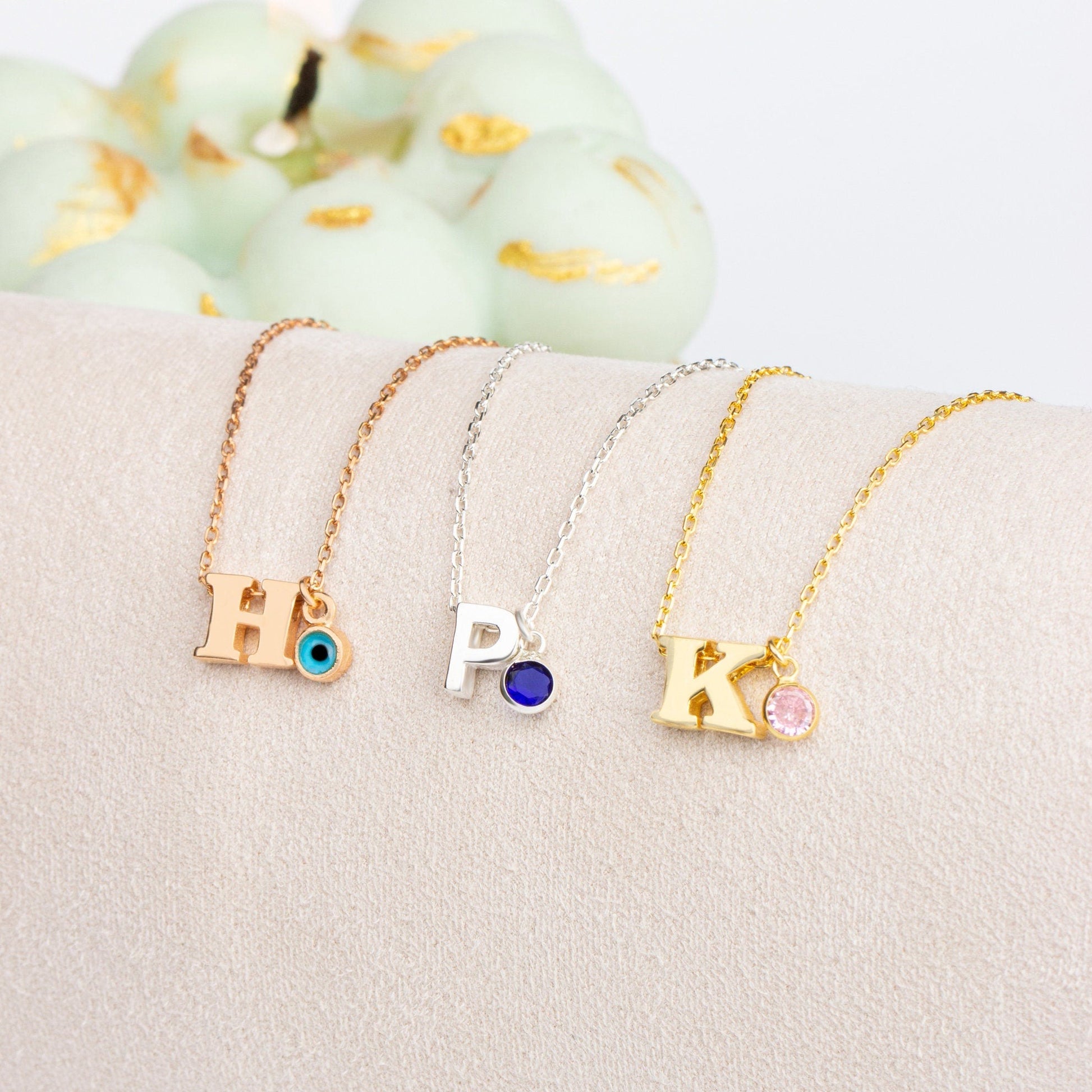 Customize Silver Birthstone initial Necklace | Initial Birthstone Necklace | Initial Necklace With Evil Eye | Personalized Dainty Necklace |