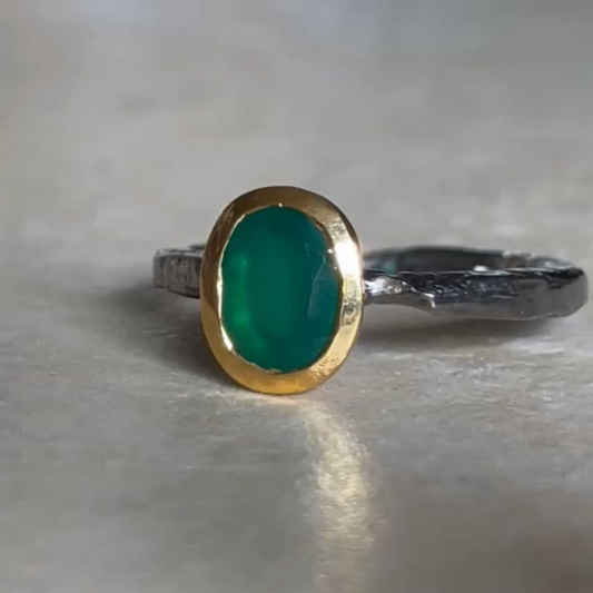 Black Rhodium and 14K Gold Plated On Solid 925 Sterling Silver Ring Natural Jade