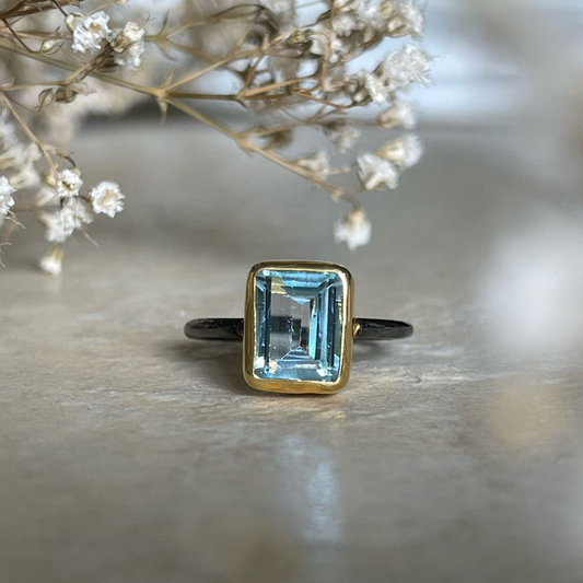 Black Rhodium and 14K Gold Plated On Solid 925 Sterling Silver Ring Blue Topaz