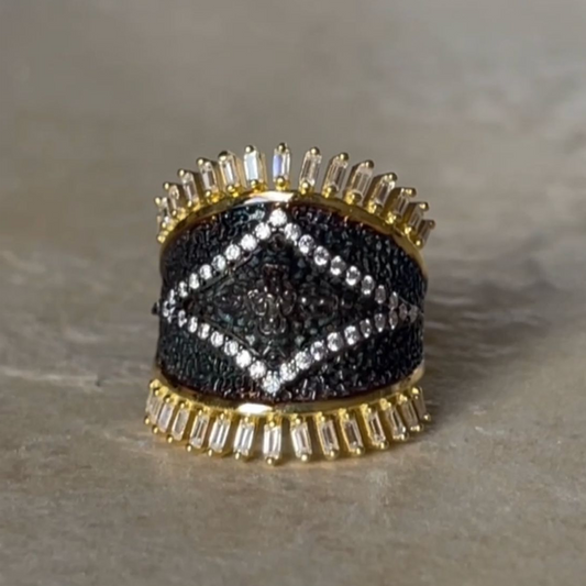 Black Rhodium and 14K Gold Plated On Solid 925 Sterling Silver Ring Cubic Zirconia