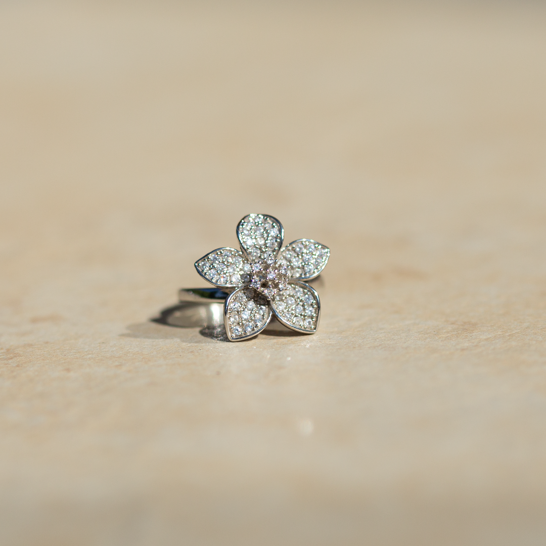 Cubic Zirconia Flower White | Solid 925 Sterling Silver Ring