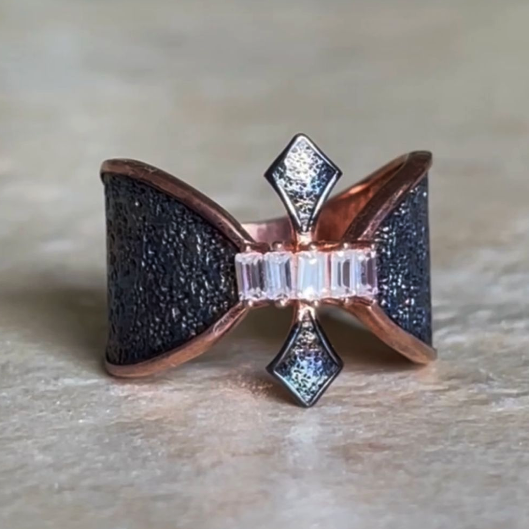 Cubic Zirconium Stone/Black Rhodium And Rose Gold Plated On Solid 925 Sterling Silver Ring