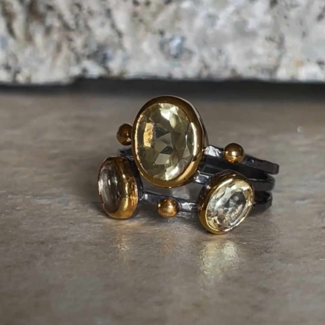 Natural Citrine Stone/ Black Rhodium And 14K Gold Plated On Solid 925 Sterling Silver Ring