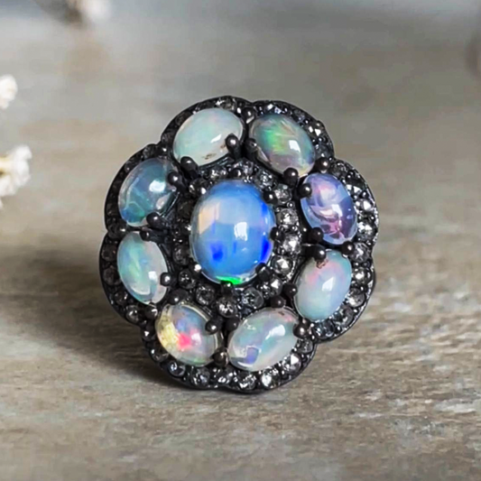 Natural Opal Stone With Diamonds/Black Rhodium Plated On 925 Solid Sterling Silver Ring