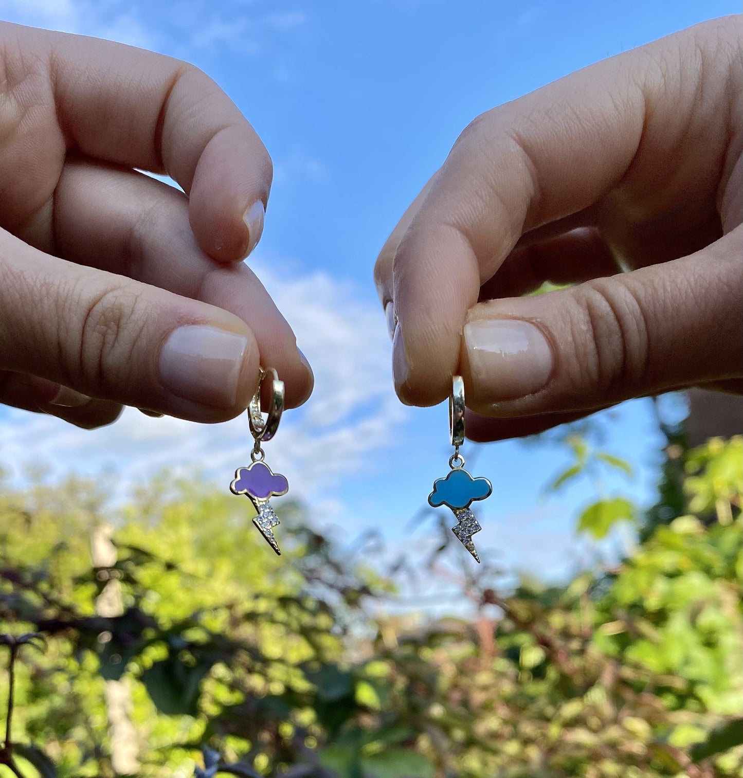 Multicolour Sterling Silver Cute Cloud and lightning Drop Hoop Earrings | Colourful Blue and Purple Cloud Earrings | Dainty hoop Earrings |