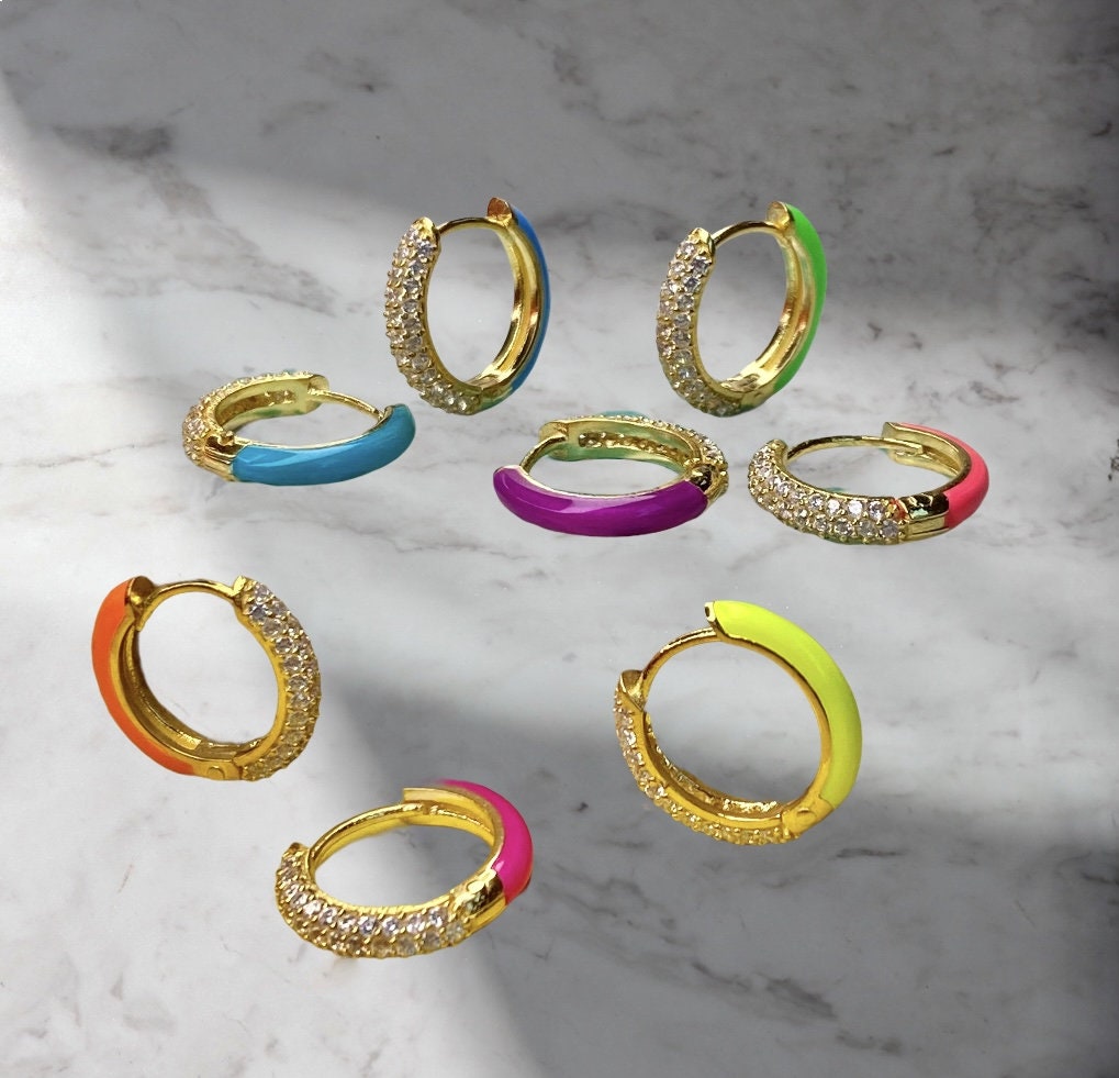 Multicolor Enamel huggie hoop earrings | Colourful Tiny hoops | Dainty hoops | Enamel earrings | Cz hoops | Rainbow hoops | Tiny hoops