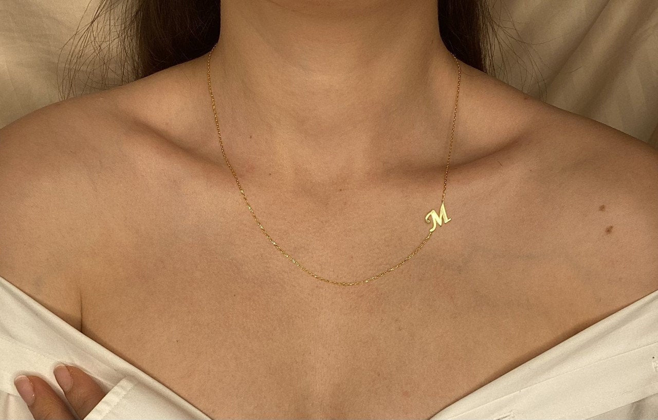 14k Gold Initial Necklace| Letter Gold Necklace| Custom Sideways Necklace | Personalized Initial Necklaces| Sterling Silver Sideways Initial