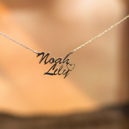 Double Name Necklace In Sterling Silver | Silver Kids Name Necklace | Personalised Gift For Mom | Two Name Necklace With Heart |