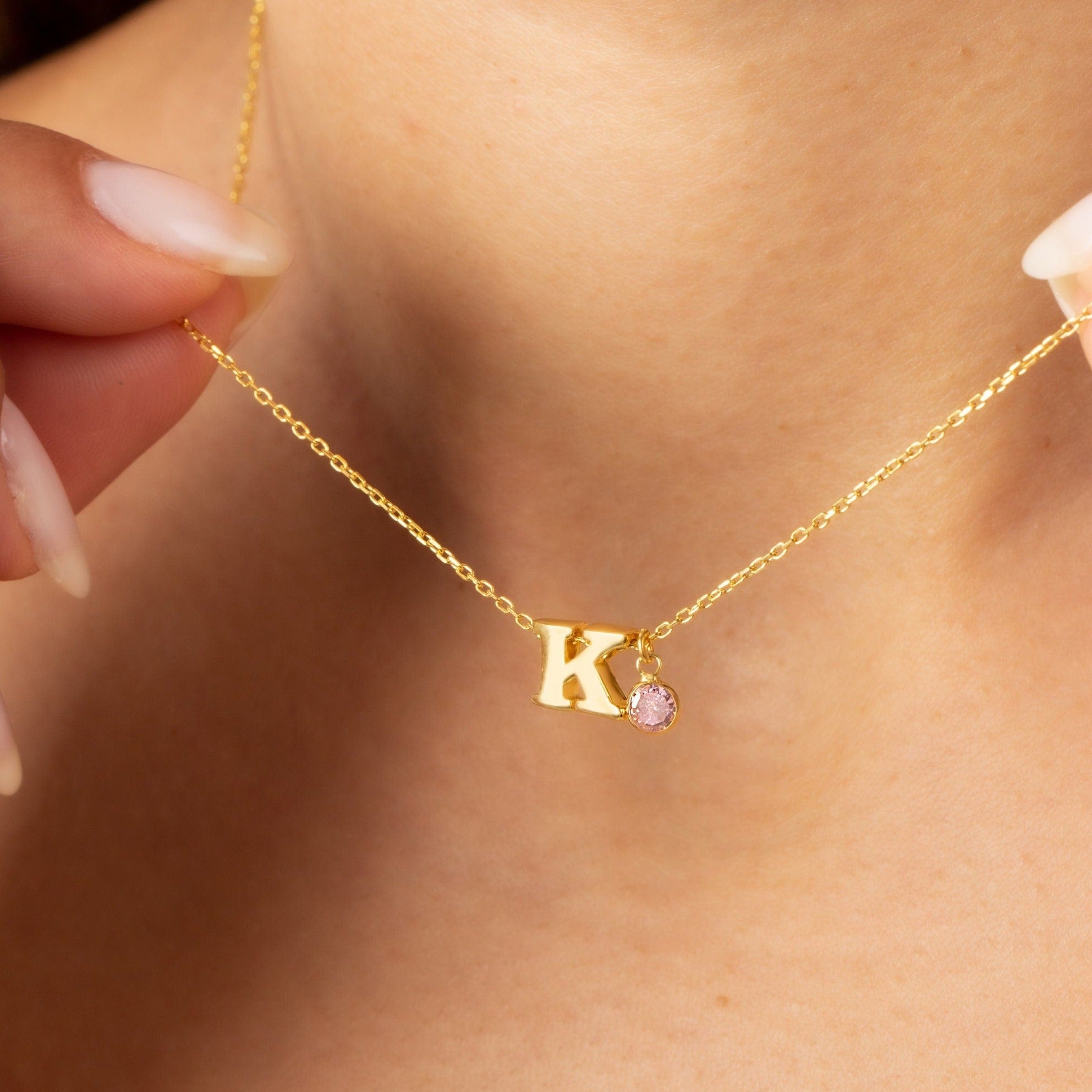 Mini Love Letter Necklace with Dangly Bezel Birthstone (Rose Gold) – Easter  Ahn Design