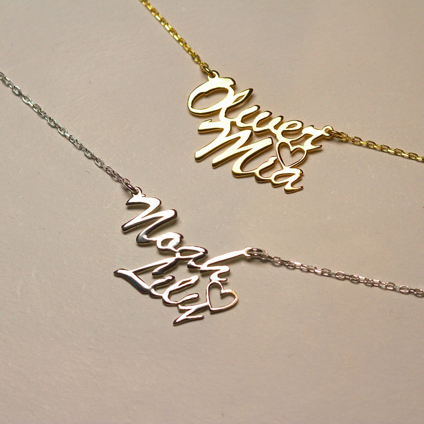 Double Name Necklace In Sterling Silver | Silver Kids Name Necklace | Personalised Gift For Mom | Two Name Necklace With Heart |